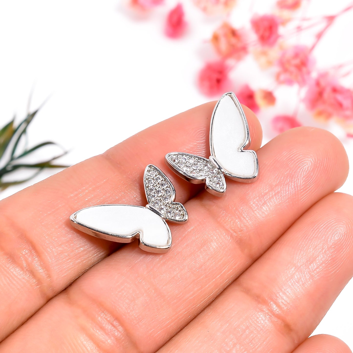 CZ Studded Butterfly Shaped Studs, Silver Butterfly Earrings, Enchanted Wings Stud Earrings, Rose Gold Earrings, Gift for Women & Girls