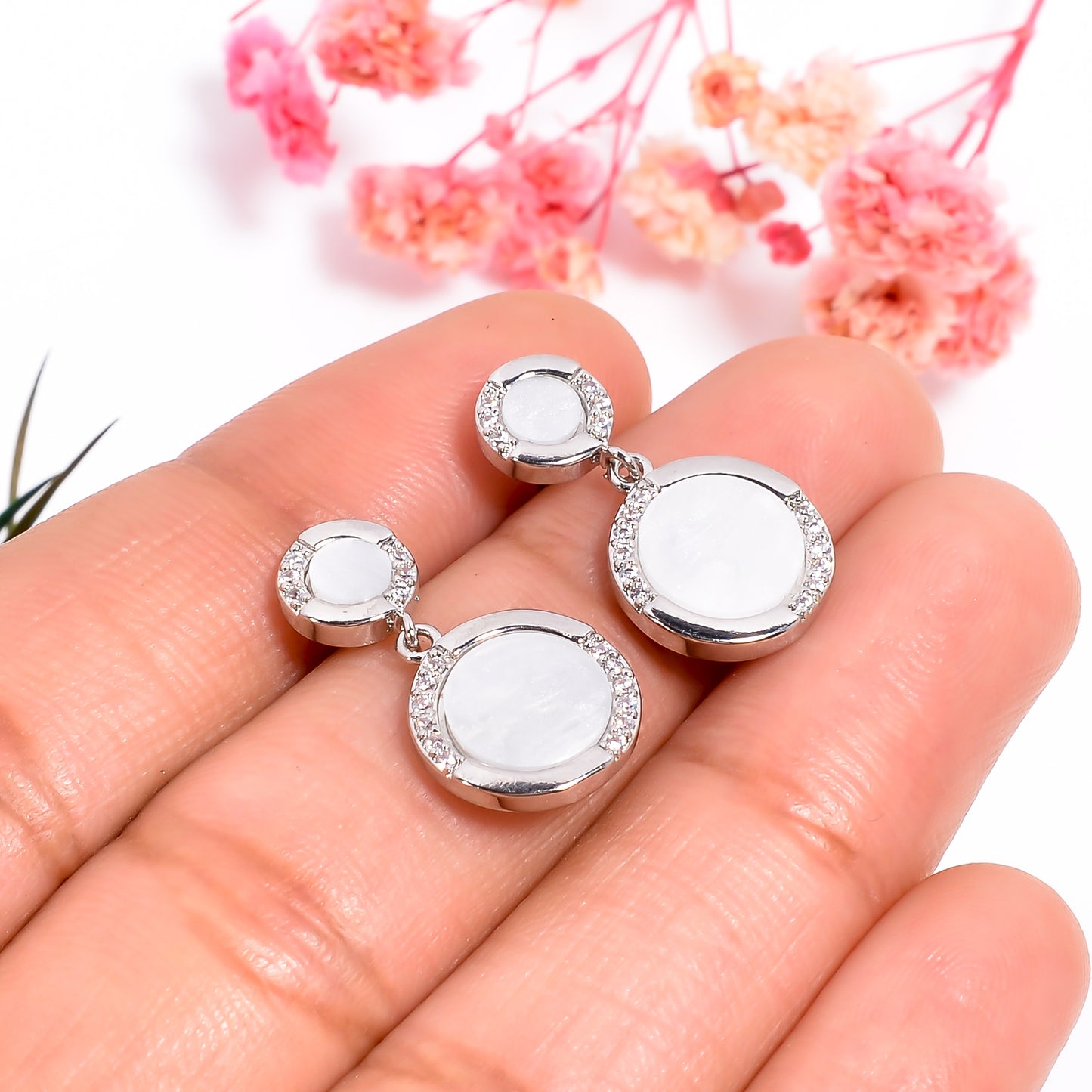 Mother of Pearl Earrings, CZ Stone Earrings, Mother of Pearl Inlay Earrings for Women, Partywear Jewelry, Minimalist Jewelry for Her