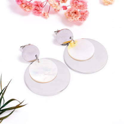 Gold Mother of Pearl Earrings, Statement Disc Earrings, Pearl Inlay Shell Dangle Earrings, Chic Style Jewelry for Women, Gift for Her