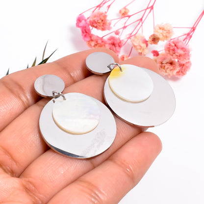 Gold Mother of Pearl Earrings, Statement Disc Earrings, Pearl Inlay Shell Dangle Earrings, Chic Style Jewelry for Women, Gift for Her