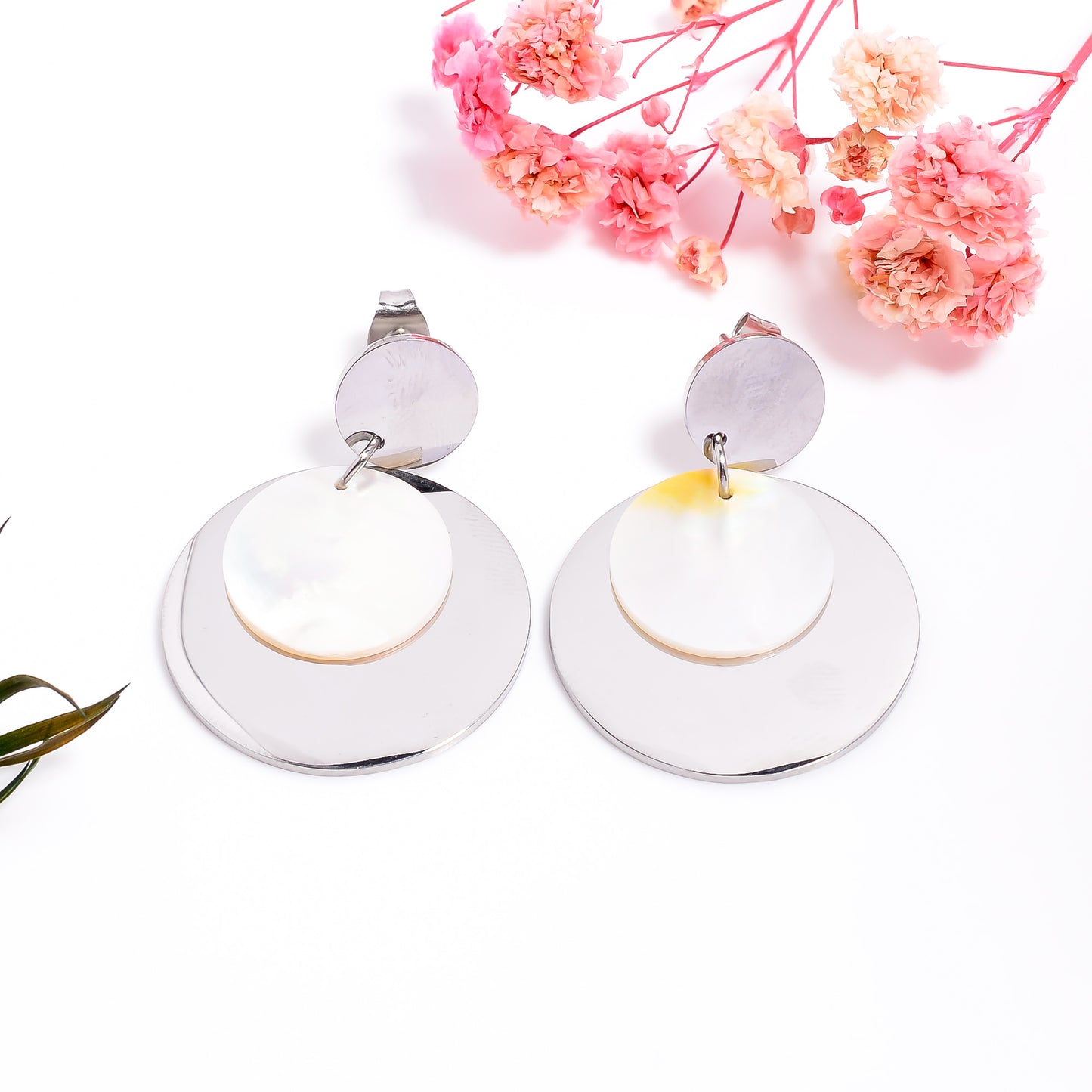 Gold Mother of Pearl Earrings, Statement Disc Earrings, Pearl Inlay Shell Dangle Earrings, Chic Style Jewelry for Women, Gift for Her