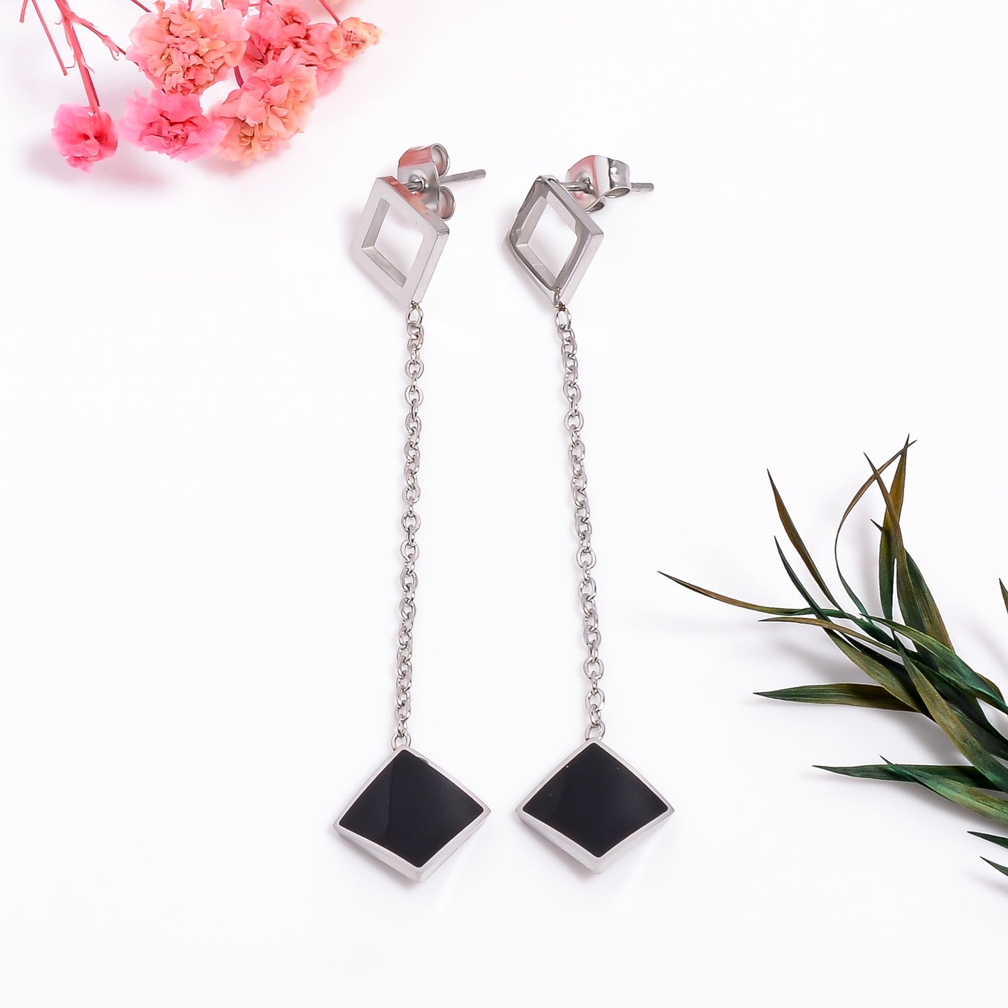 Black Onyx Earrings, Modern Geometric Long Dangle Earrings, Gold & Silver Earrings, Partywear Statement Earrings for Women, Gift for Her