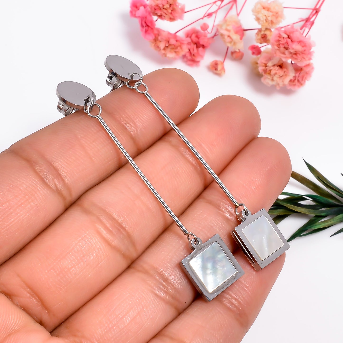 Gold Pearl Dangle Earrings, Geometric Design, Mother of Pearl Inlay Earrings, Silver Pearl Earrings, Jewelry for Women, Gift for Her