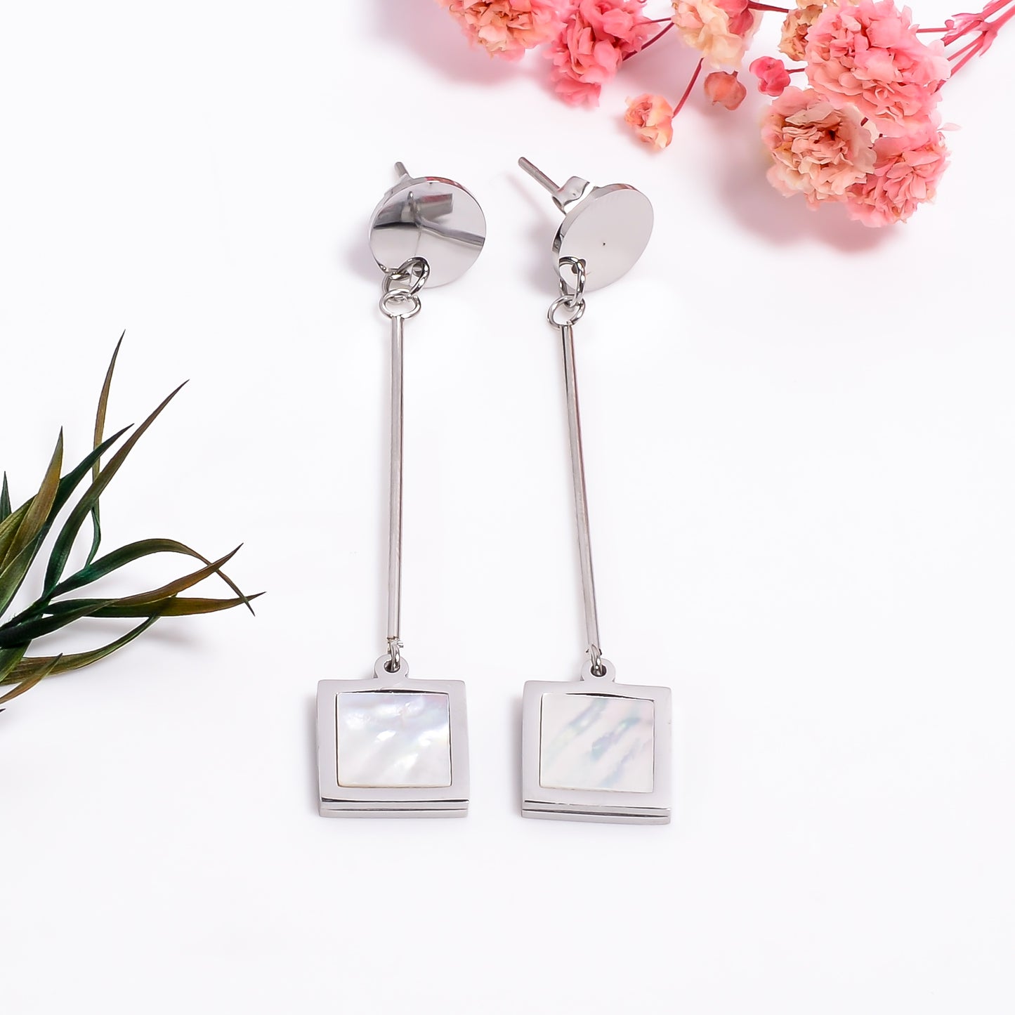 Gold Pearl Dangle Earrings, Geometric Design, Mother of Pearl Inlay Earrings, Silver Pearl Earrings, Jewelry for Women, Gift for Her
