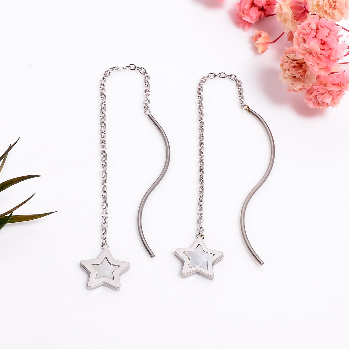Silver Star Dangle Long Earrings, Wishing Star Threader Earrings, Star Threader Chain Earrings, Wishing Star Earrings, Celestial Jewelry