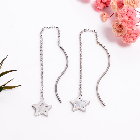 Silver Star Dangle Long Earrings, Wishing Star Threader Earrings, Star Threader Chain Earrings, Wishing Star Earrings, Celestial Jewelry