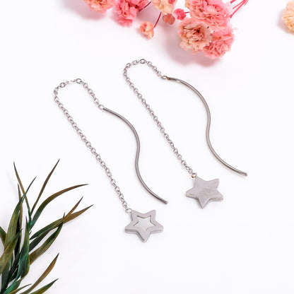 Silver Star Dangle Long Earrings, Wishing Star Threader Earrings, Star Threader Chain Earrings, Wishing Star Earrings, Celestial Jewelry