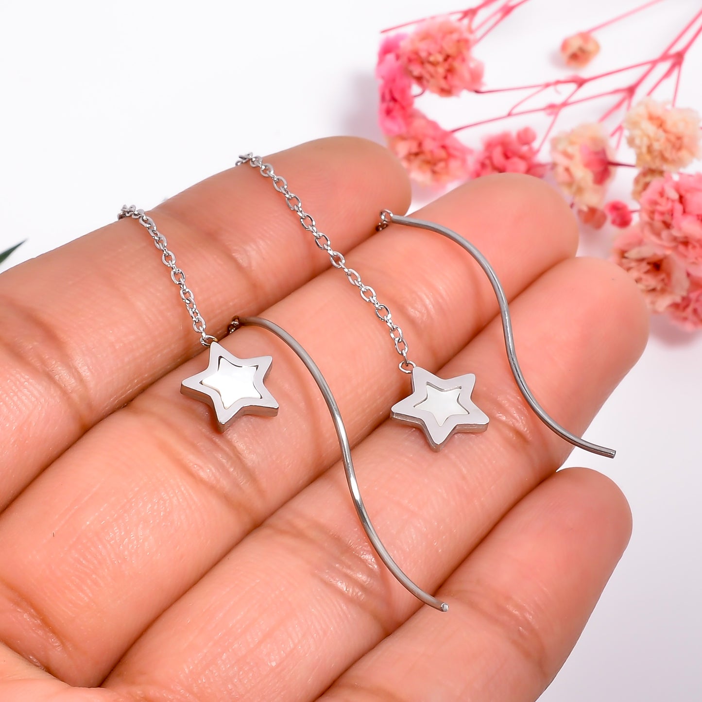 Silver Star Dangle Long Earrings, Wishing Star Threader Earrings, Star Threader Chain Earrings, Wishing Star Earrings, Celestial Jewelry