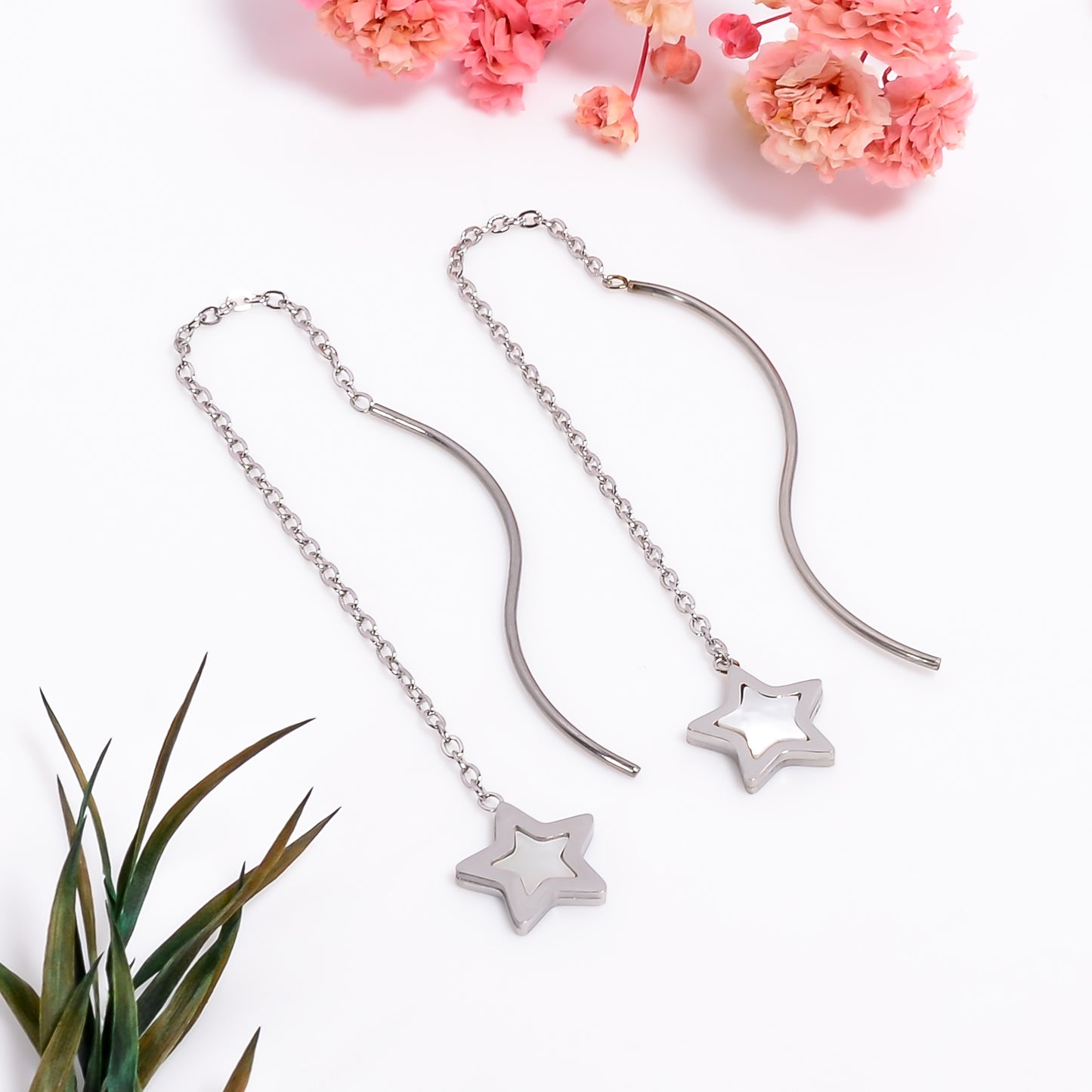 Silver Star Dangle Long Earrings, Wishing Star Threader Earrings, Star Threader Chain Earrings, Wishing Star Earrings, Celestial Jewelry