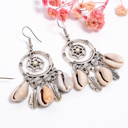 Handmade Crochet Shell Drop Earrings, Cowrie Shell Earrings, Sea Shell Jewelry, Oxidized Earrings, Dreamcatcher Earrings, Tribal Jewelry