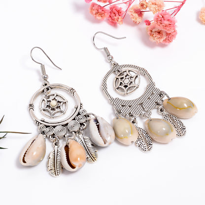 Handmade Crochet Shell Drop Earrings, Cowrie Shell Earrings, Sea Shell Jewelry, Oxidized Earrings, Dreamcatcher Earrings, Tribal Jewelry