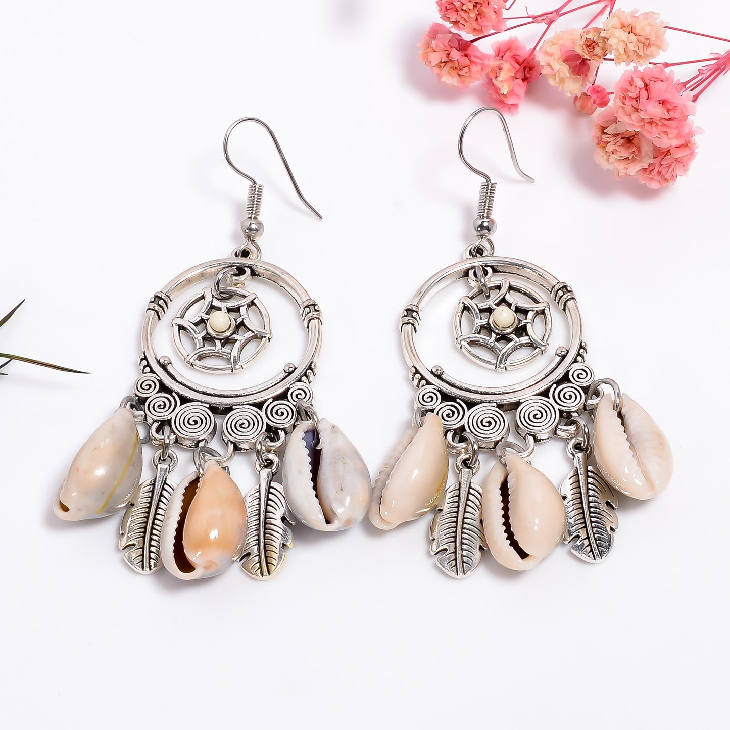 Handmade Crochet Shell Drop Earrings, Cowrie Shell Earrings, Sea Shell Jewelry, Oxidized Earrings, Dreamcatcher Earrings, Tribal Jewelry