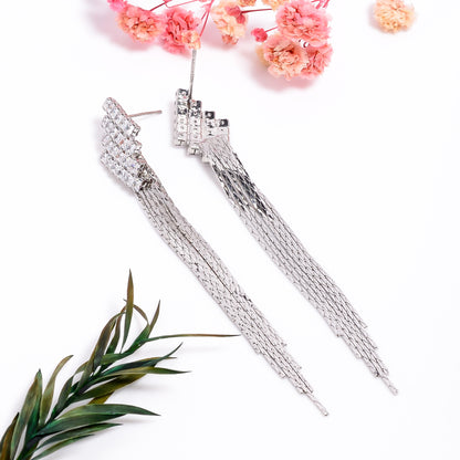 Cascading Chain Drops Earrings, Cubic Zirconia Stone Silver Earrings, Tassel Earrings for Women, Long Strand Earrings, Party wear jewelry