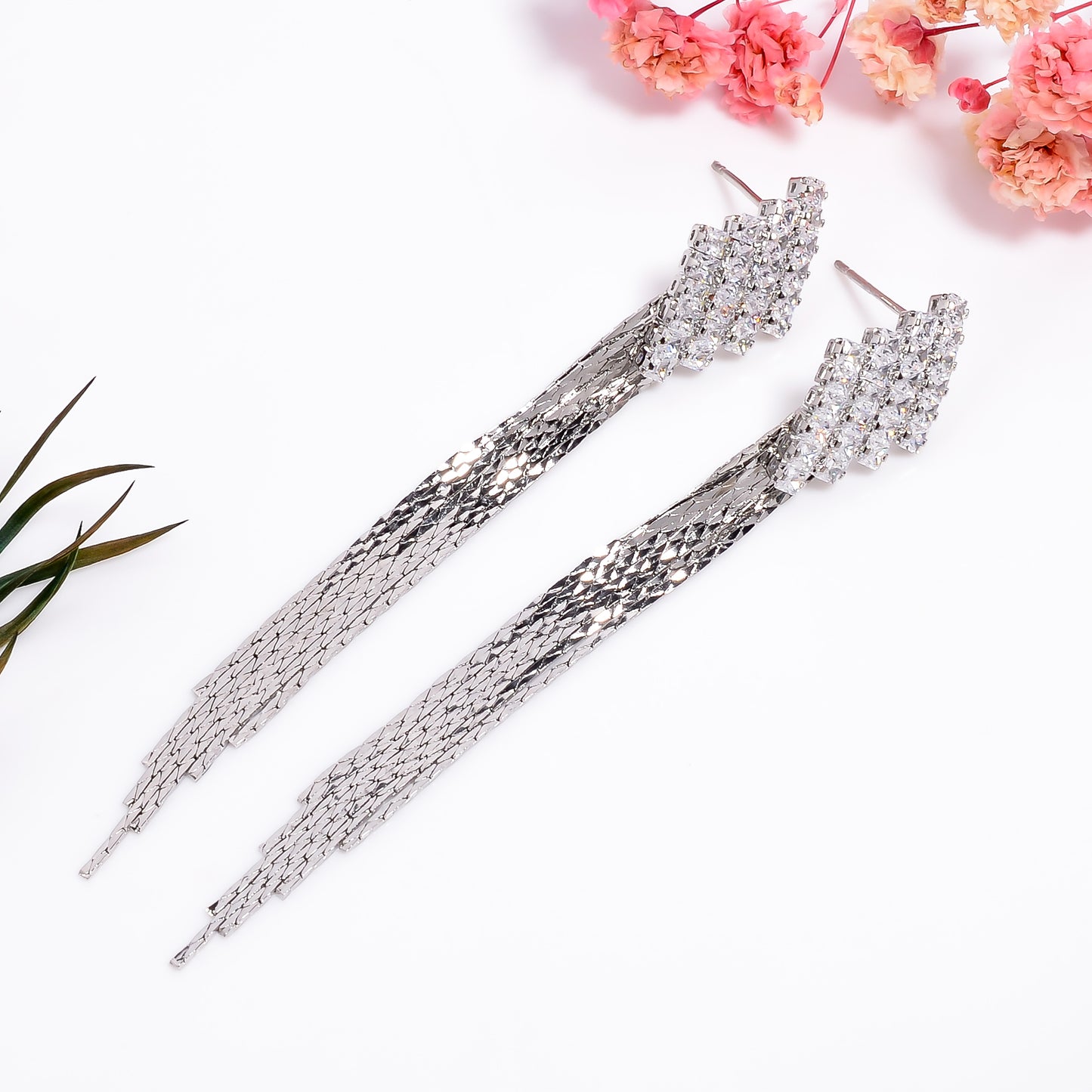 Cascading Chain Drops Earrings, Cubic Zirconia Stone Silver Earrings, Tassel Earrings for Women, Long Strand Earrings, Party wear jewelry