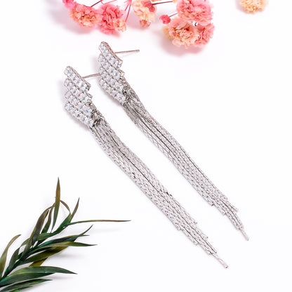 Cascading Chain Drops Earrings, Cubic Zirconia Stone Silver Earrings, Tassel Earrings for Women, Long Strand Earrings, Party wear jewelry