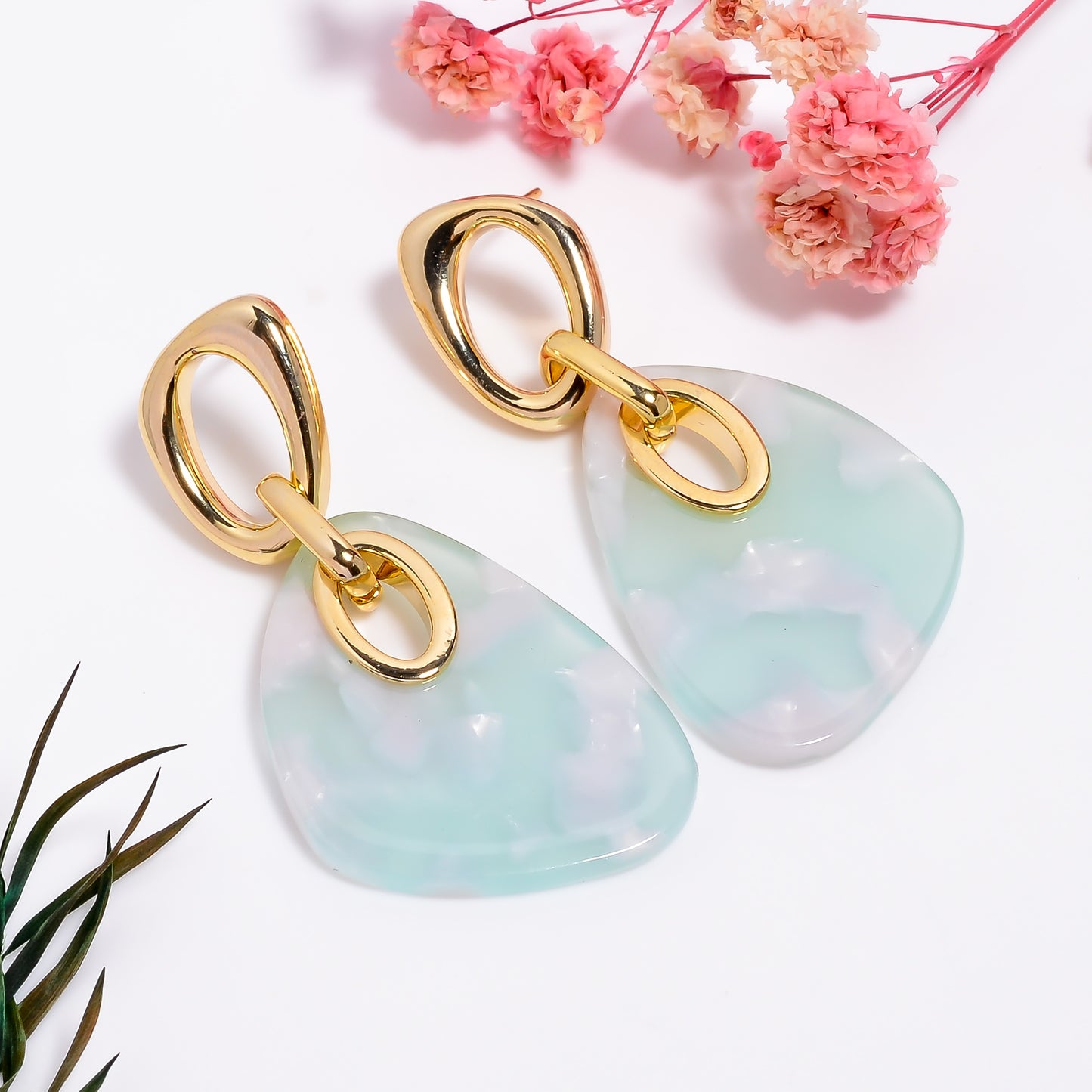 Gold Mint Green Acrylic Dangle Earrings, Modern Geometric Statement Earrings, Lightweight Drop Earrings for Parties, Gift for Her