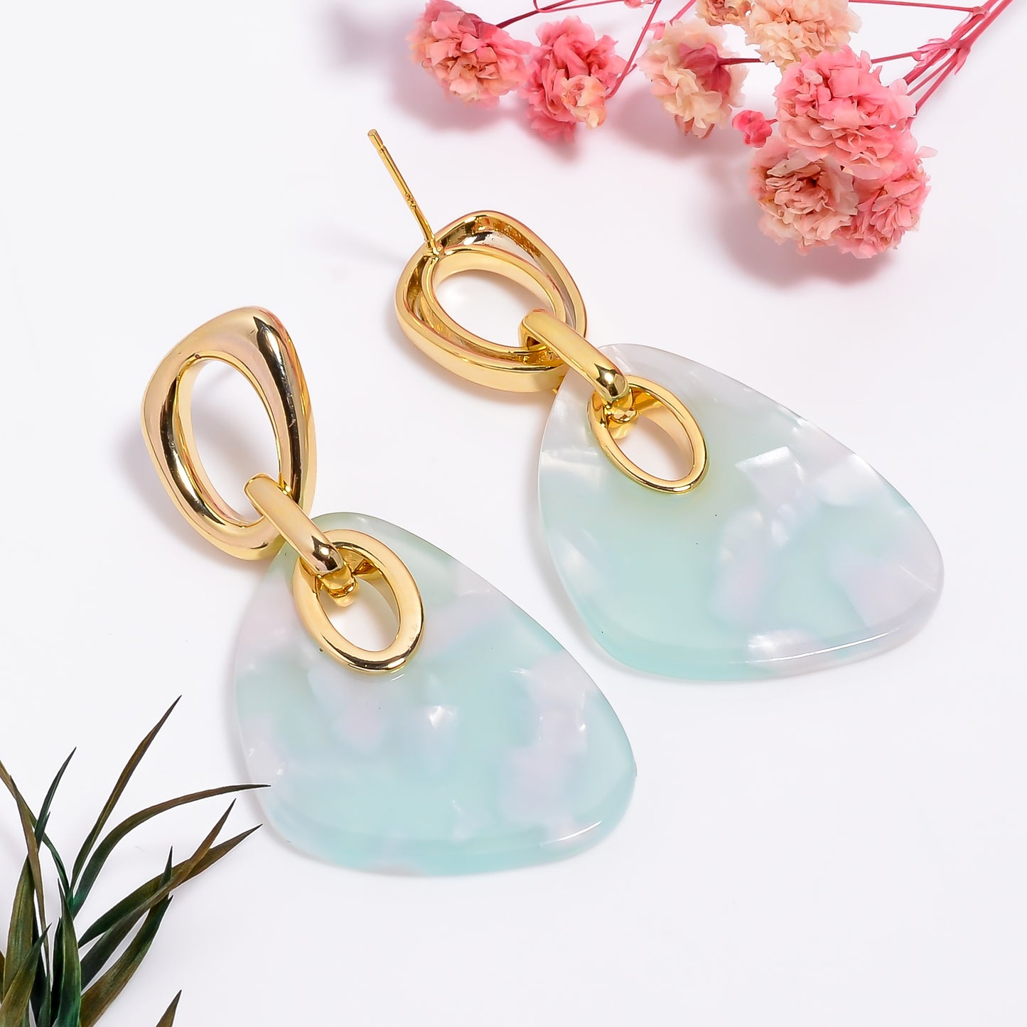 Gold Mint Green Acrylic Dangle Earrings, Modern Geometric Statement Earrings, Lightweight Drop Earrings for Parties, Gift for Her