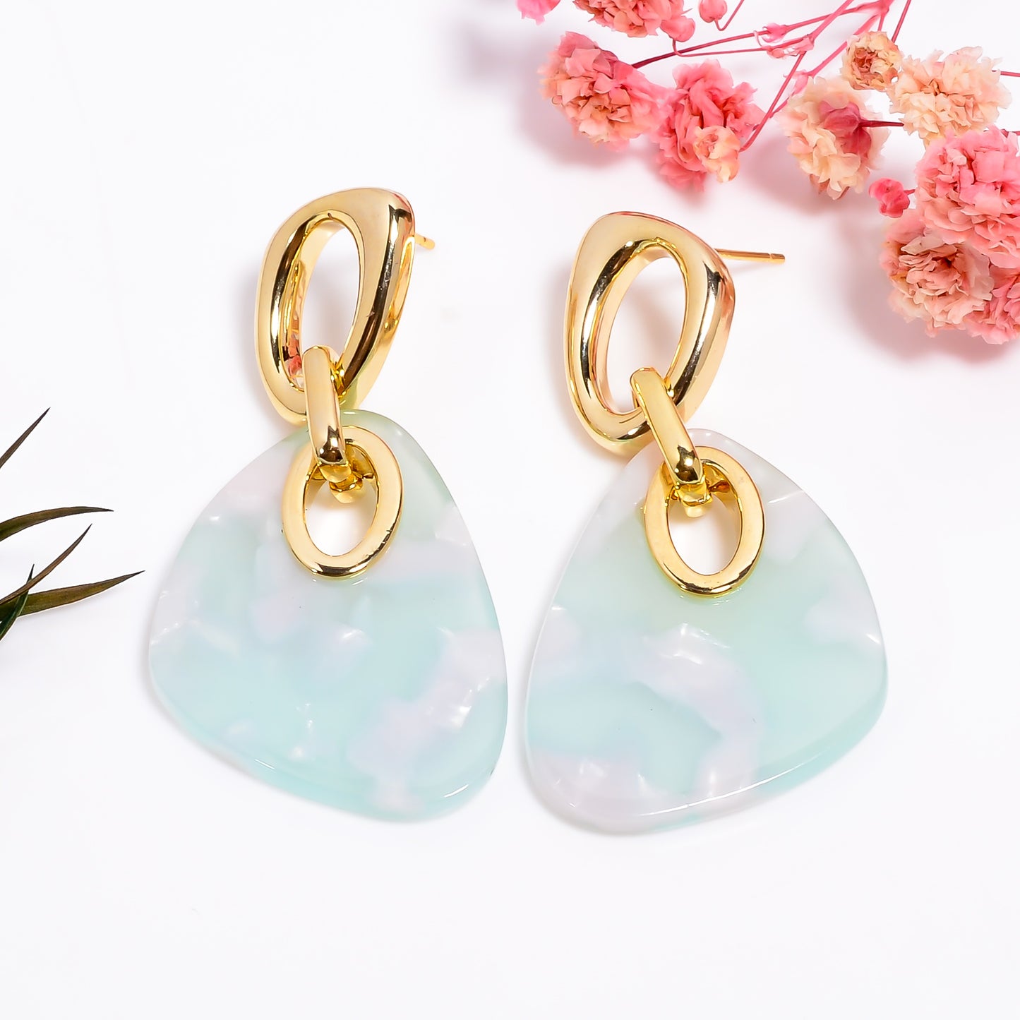 Gold Mint Green Acrylic Dangle Earrings, Modern Geometric Statement Earrings, Lightweight Drop Earrings for Parties, Gift for Her