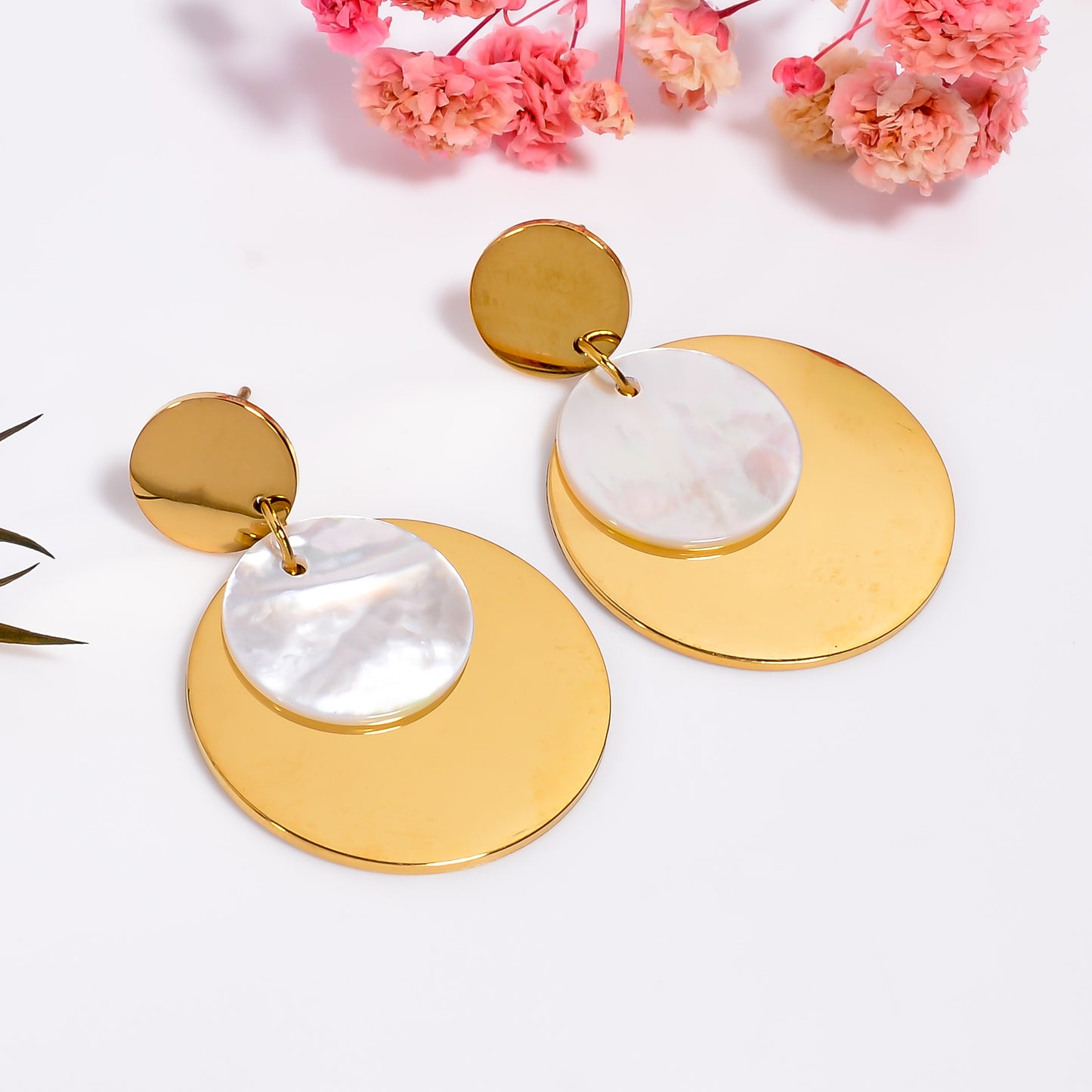 Gold Mother of Pearl Earrings, Statement Disc Earrings, Pearl Inlay Shell Dangle Earrings, Chic Style Jewelry for Women, Gift for Her