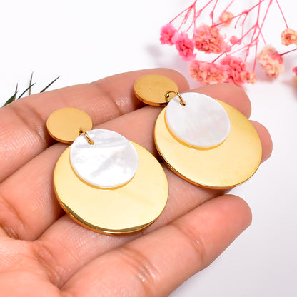 Gold Mother of Pearl Earrings, Statement Disc Earrings, Pearl Inlay Shell Dangle Earrings, Chic Style Jewelry for Women, Gift for Her