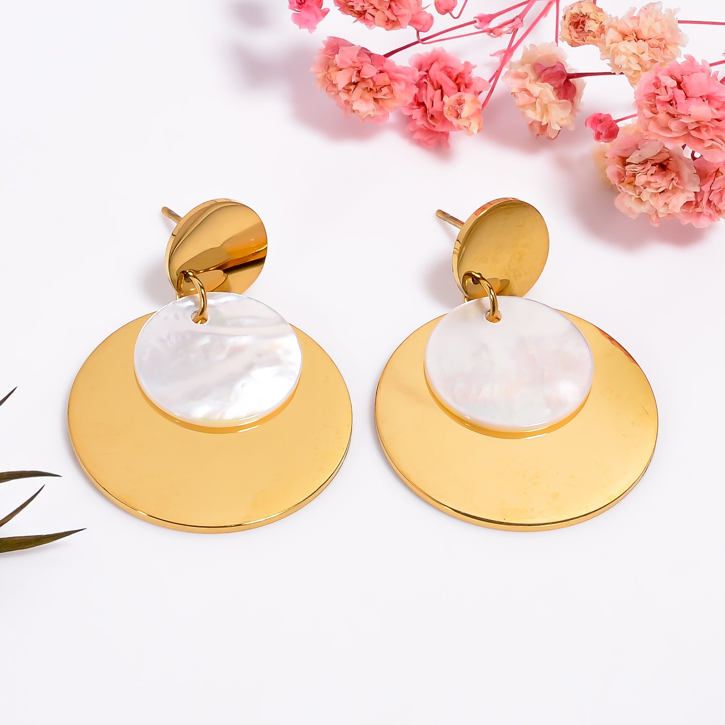 Gold Mother of Pearl Earrings, Statement Disc Earrings, Pearl Inlay Shell Dangle Earrings, Chic Style Jewelry for Women, Gift for Her