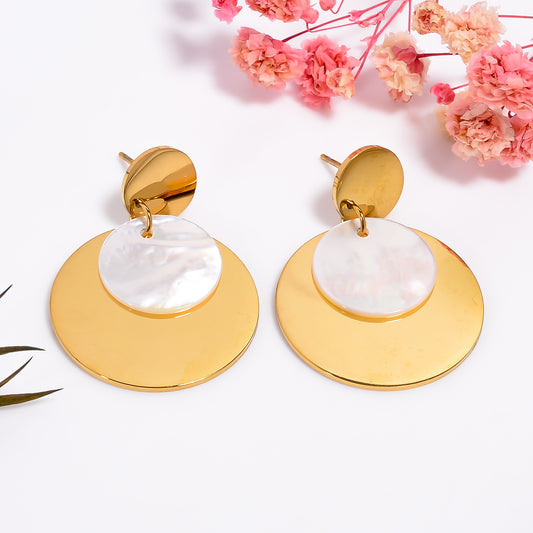 Gold Mother of Pearl Earrings, Statement Disc Earrings, Pearl Inlay Shell Dangle Earrings, Chic Style Jewelry for Women, Gift for Her