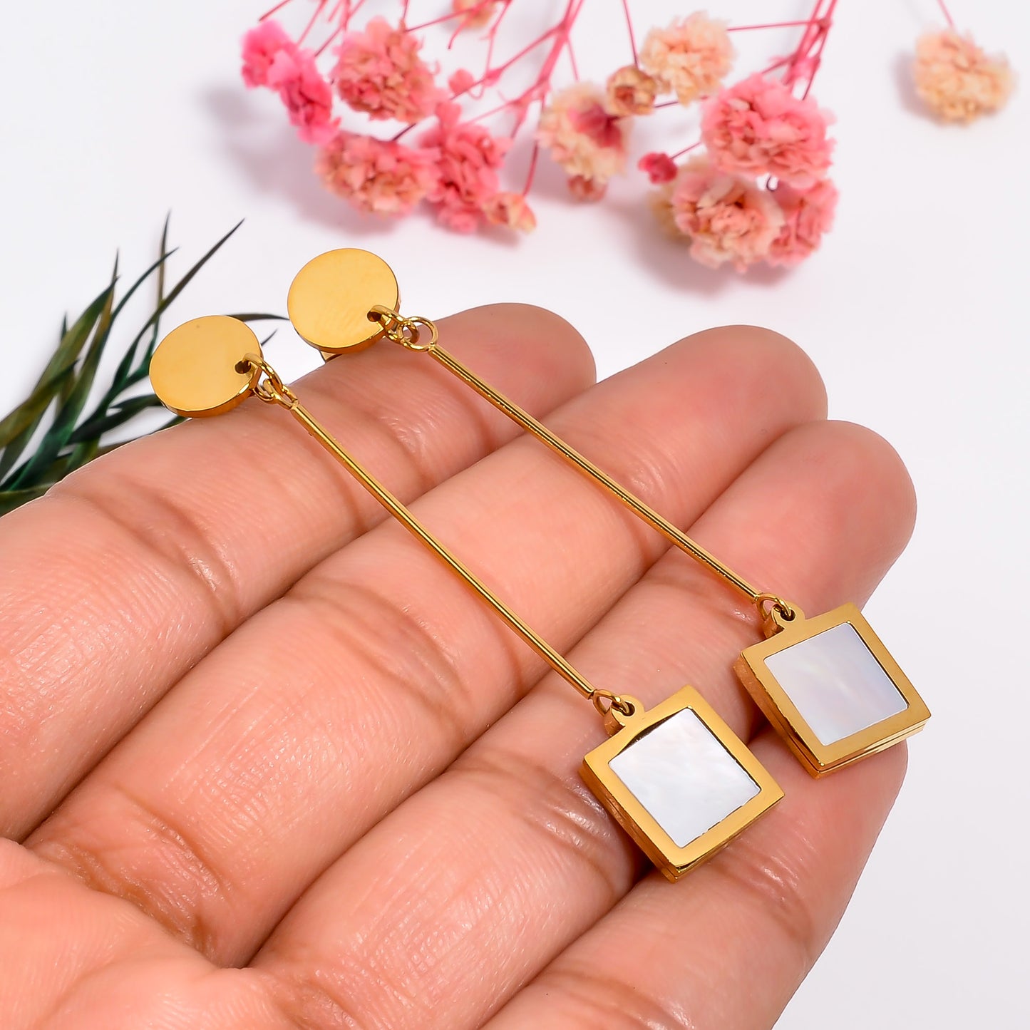 Gold Pearl Dangle Earrings, Geometric Design, Mother of Pearl Inlay Earrings, Silver Pearl Earrings, Jewelry for Women, Gift for Her