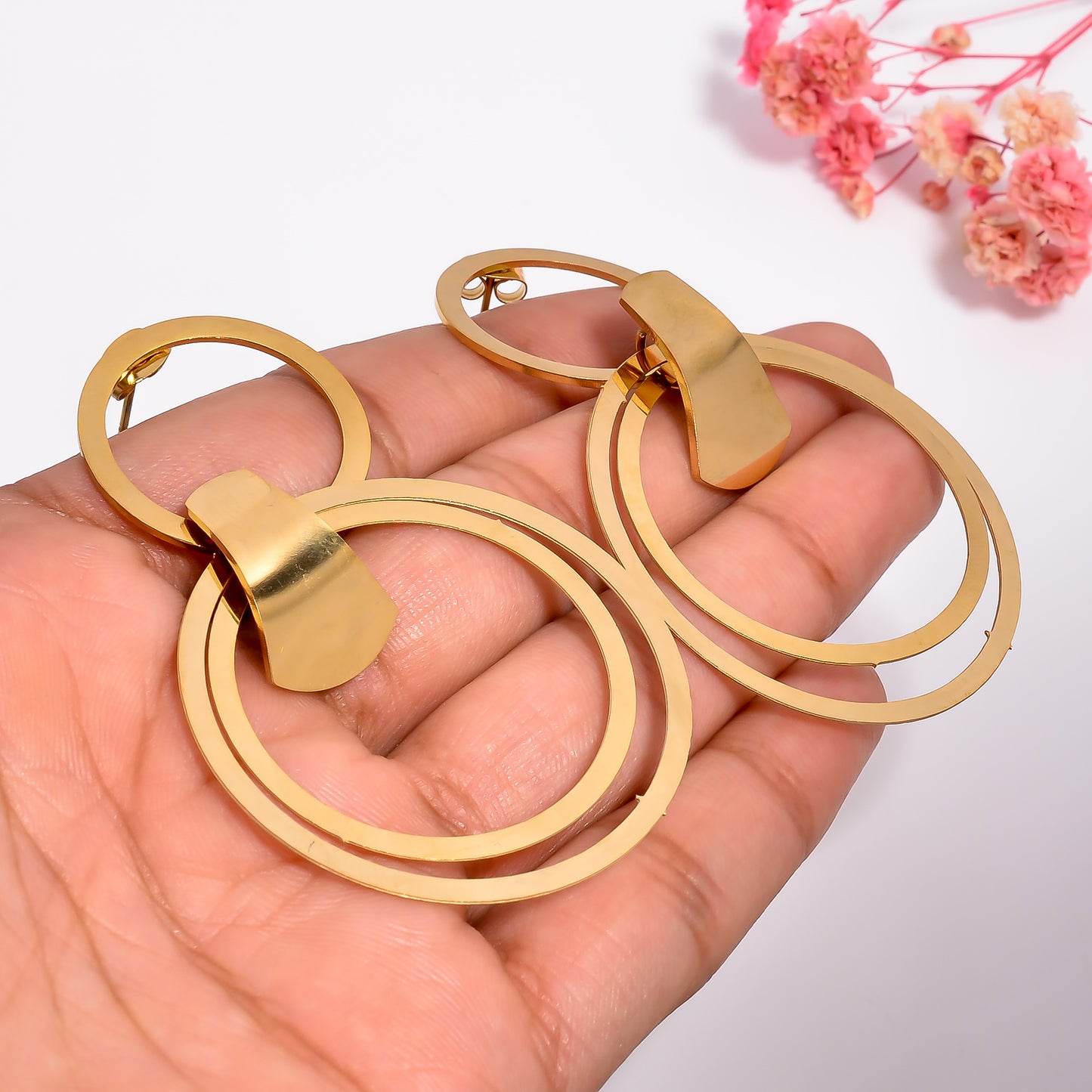 Anti tarnsih Circle Dangler Earrings, Oversized Gold Statement Earrings, Bold Geometric Earrings for Women, Gift for Her
