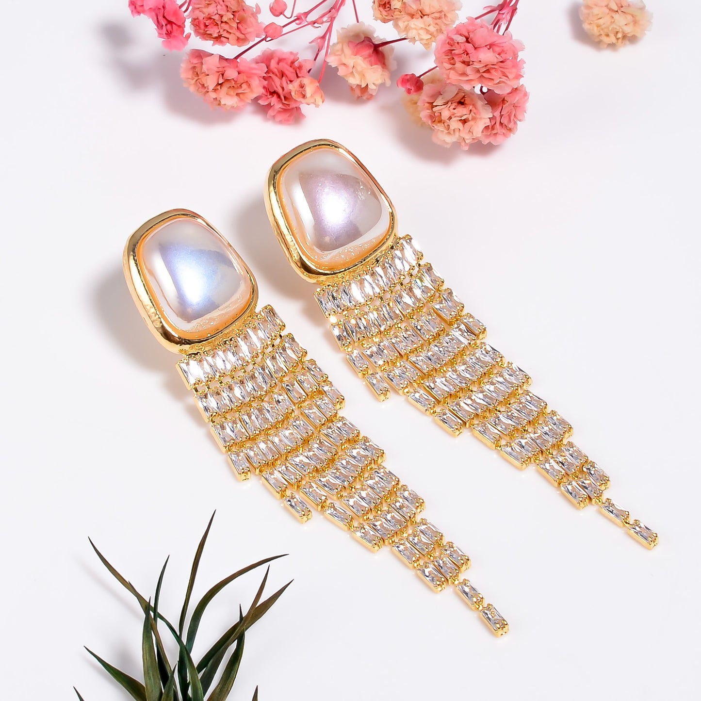 Gold Mother of Pearl Earrings, Statement Earrings, Luxury Bridal Dangle Earrings, Cubic Zirconia Wedding Jewelry, Gift for Her