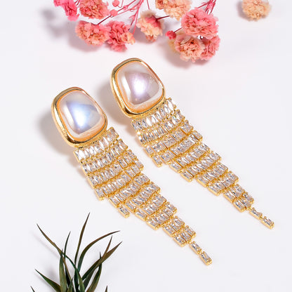 Gold Mother of Pearl Earrings, Statement Earrings, Luxury Bridal Dangle Earrings, Cubic Zirconia Wedding Jewelry, Gift for Her