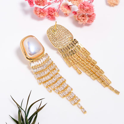 Gold Mother of Pearl Earrings, Statement Earrings, Luxury Bridal Dangle Earrings, Cubic Zirconia Wedding Jewelry, Gift for Her