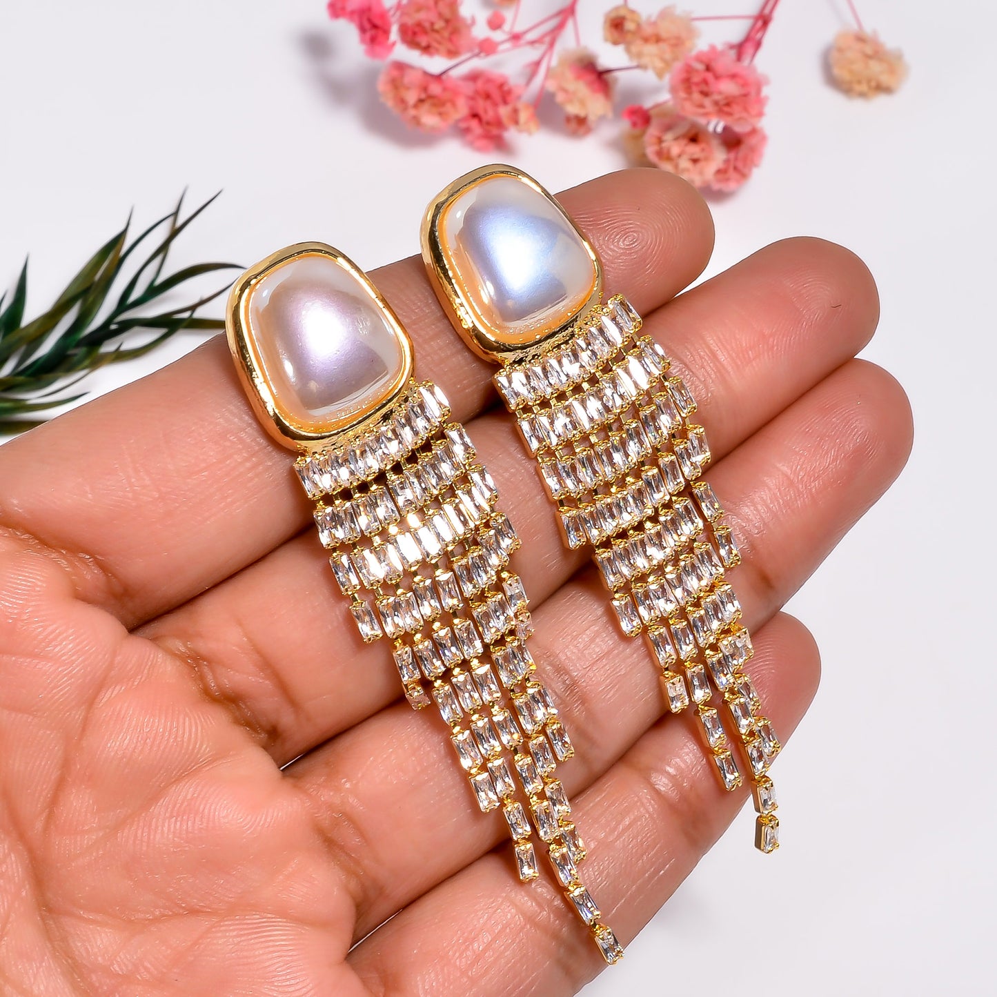 Gold Mother of Pearl Earrings, Statement Earrings, Luxury Bridal Dangle Earrings, Cubic Zirconia Wedding Jewelry, Gift for Her