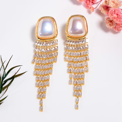 Gold Mother of Pearl Earrings, Statement Earrings, Luxury Bridal Dangle Earrings, Cubic Zirconia Wedding Jewelry, Gift for Her
