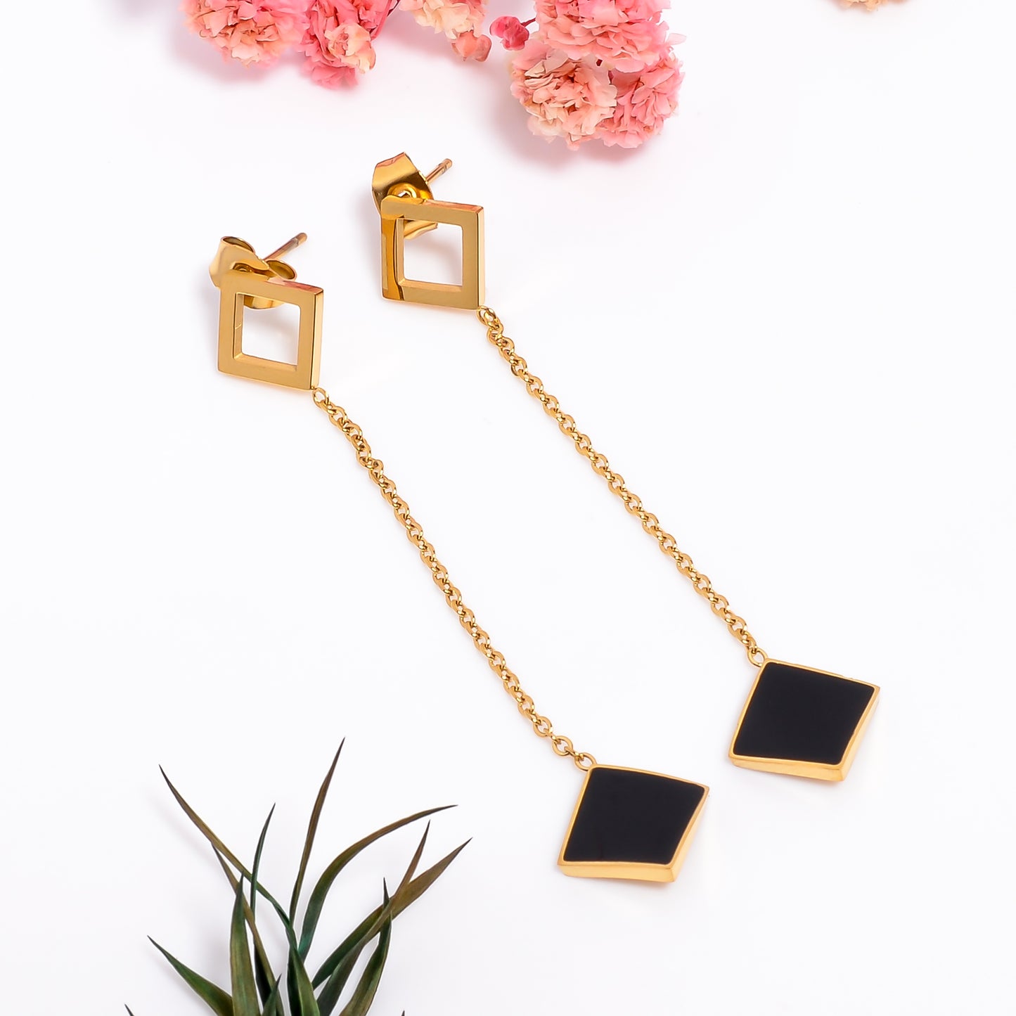 Black Onyx Earrings, Modern Geometric Long Dangle Earrings, Gold & Silver Earrings, Partywear Statement Earrings for Women, Gift for Her