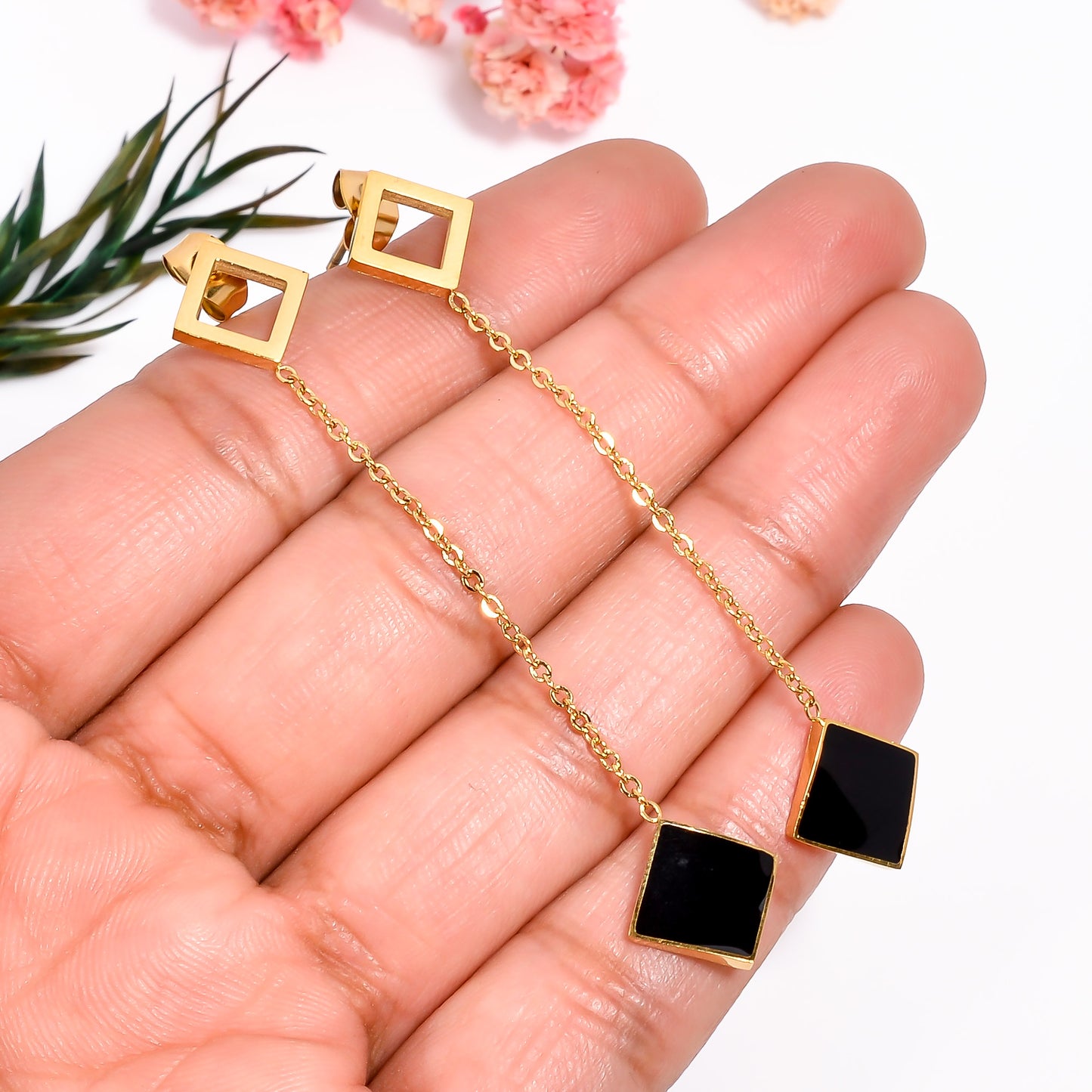 Black Onyx Earrings, Modern Geometric Long Dangle Earrings, Gold & Silver Earrings, Partywear Statement Earrings for Women, Gift for Her