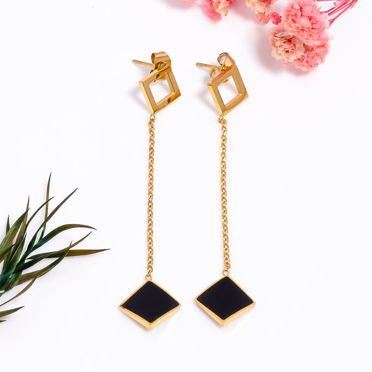 Black Onyx Earrings, Modern Geometric Long Dangle Earrings, Gold & Silver Earrings, Partywear Statement Earrings for Women, Gift for Her