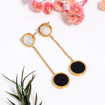 Chain Earrings, Black and White Circle Drop Earrings – Minimal Gold Dangle Earrings for Women, Elegant Everyday Jewelry, Gift for Her