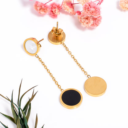 Chain Earrings, Black and White Circle Drop Earrings – Minimal Gold Dangle Earrings for Women, Elegant Everyday Jewelry, Gift for Her