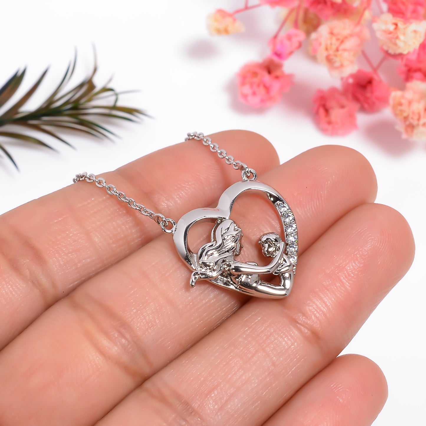 Mother's Love Heart Pendant Necklace, Mother's Day Gift, Gift for Mom, CZ Stone Heart Shape Pendant with Adjustable Chain, Gift for Mother