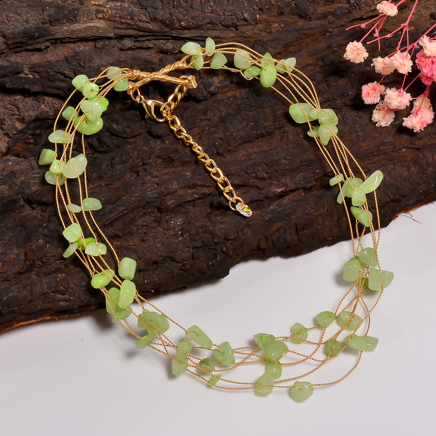 Green Aventurine Necklace, Natural Aventurine Collar Necklace, Wired Beads Necklace, Stone Beaded Choker Necklace, Handmade Gemstone Choker