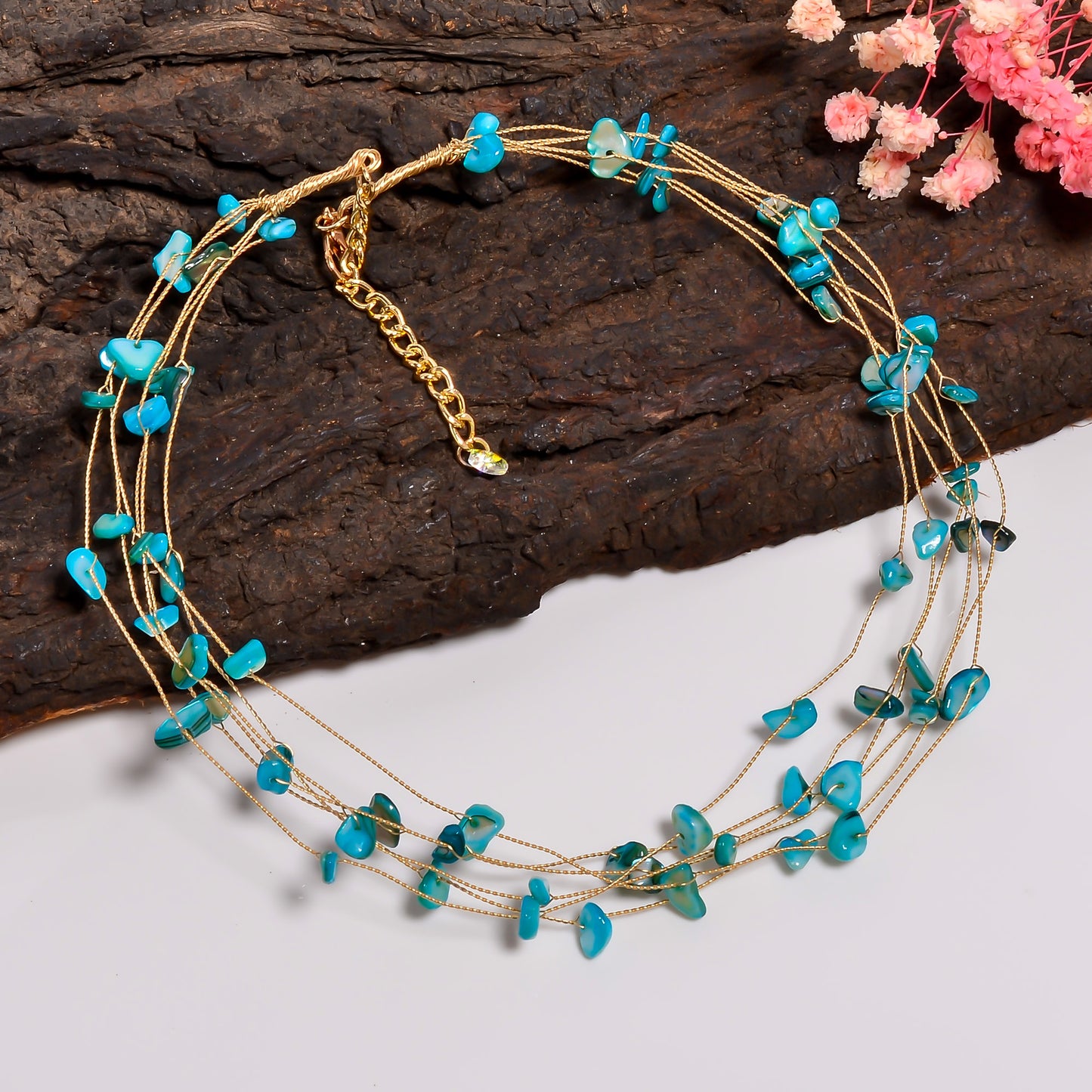 Natural Turquoise Gemstone Chips Necklace, Multi Layer Necklace for Women, Handmade Choker Necklace with Adjustable Chain, Gift for Her