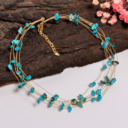 Natural Turquoise Gemstone Chips Necklace, Multi Layer Necklace for Women, Handmade Choker Necklace with Adjustable Chain, Gift for Her