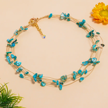 Natural Turquoise Gemstone Chips Necklace, Multi Layer Necklace for Women, Handmade Choker Necklace with Adjustable Chain, Gift for Her