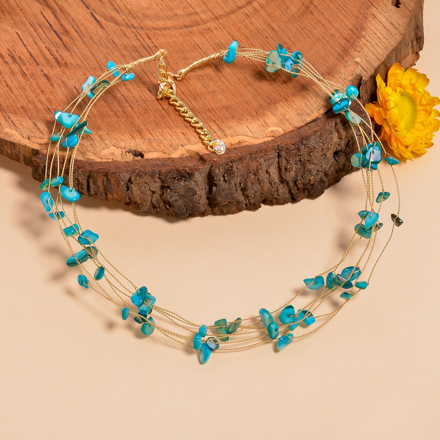 Natural Turquoise Gemstone Chips Necklace, Multi Layer Necklace for Women, Handmade Choker Necklace with Adjustable Chain, Gift for Her