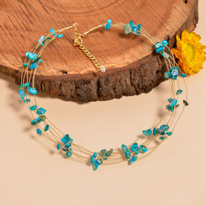 Natural Turquoise Gemstone Chips Necklace, Multi Layer Necklace for Women, Handmade Choker Necklace with Adjustable Chain, Gift for Her