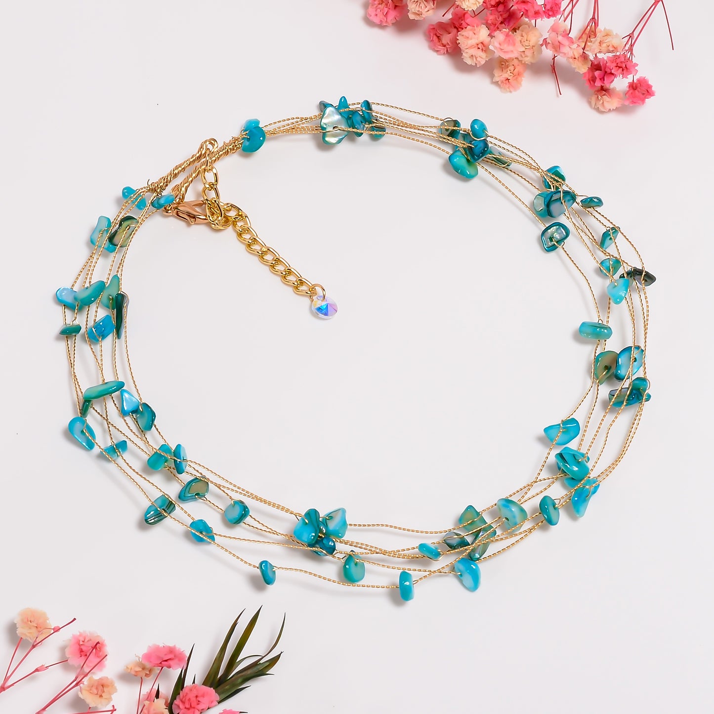 Natural Turquoise Gemstone Chips Necklace, Multi Layer Necklace for Women, Handmade Choker Necklace with Adjustable Chain, Gift for Her
