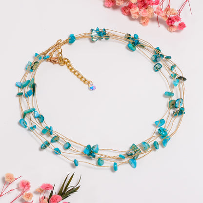 Natural Turquoise Gemstone Chips Necklace, Multi Layer Necklace for Women, Handmade Choker Necklace with Adjustable Chain, Gift for Her