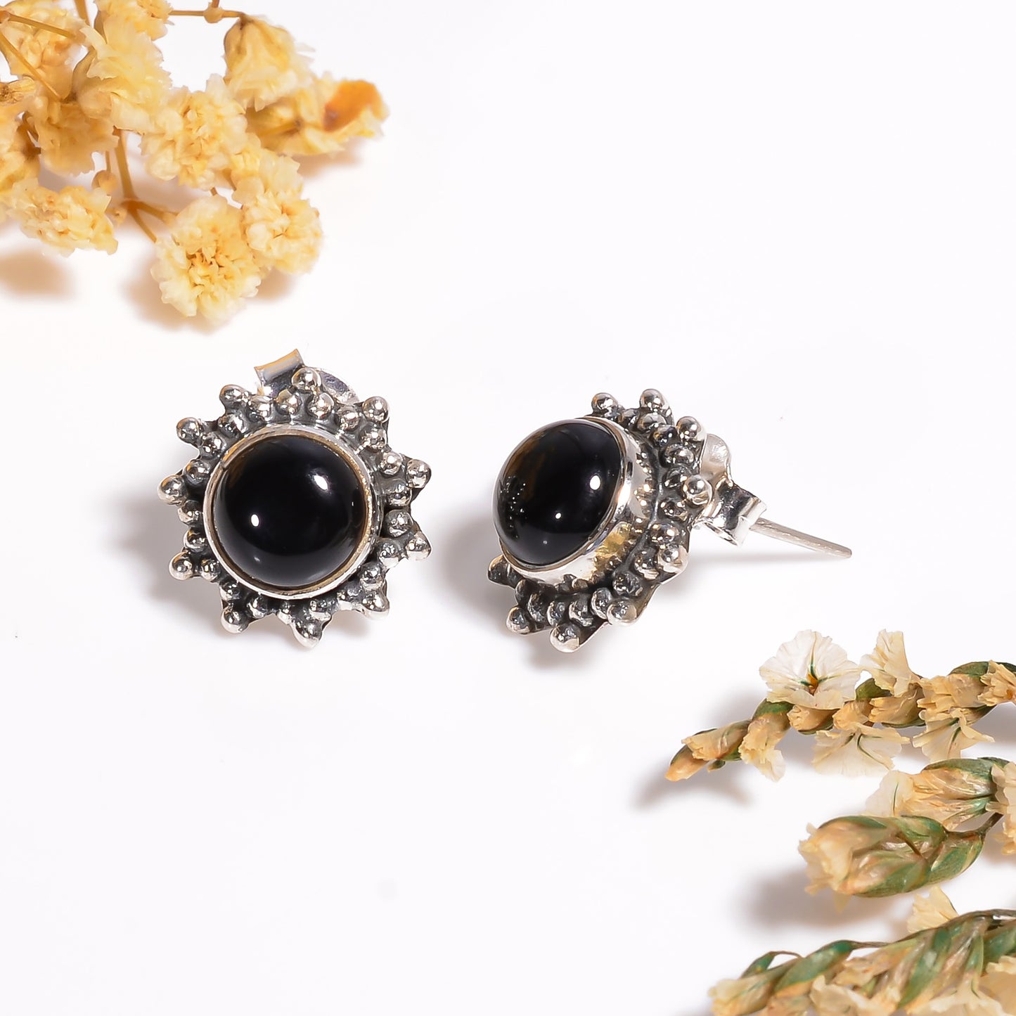 Black Onyx Gemstone Stud Earrings, 925 Silver Sunburst Earrings, Handmade Gemstone Jewelry for Her, Wedding Gift