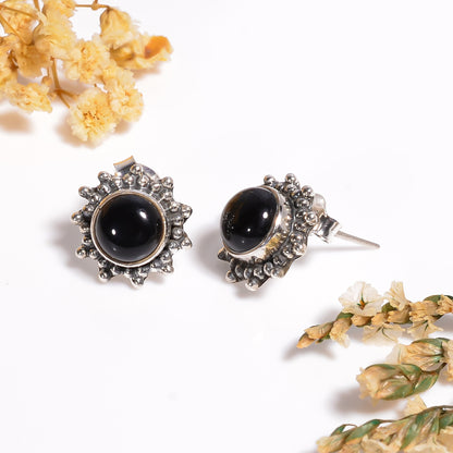 Black Onyx Gemstone Stud Earrings, 925 Silver Sunburst Earrings, Handmade Gemstone Jewelry for Her, Wedding Gift
