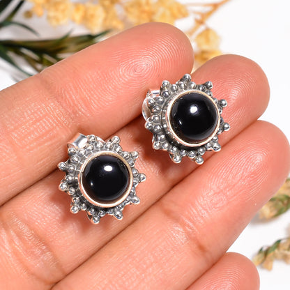 Black Onyx Gemstone Stud Earrings, 925 Silver Sunburst Earrings, Handmade Gemstone Jewelry for Her, Wedding Gift